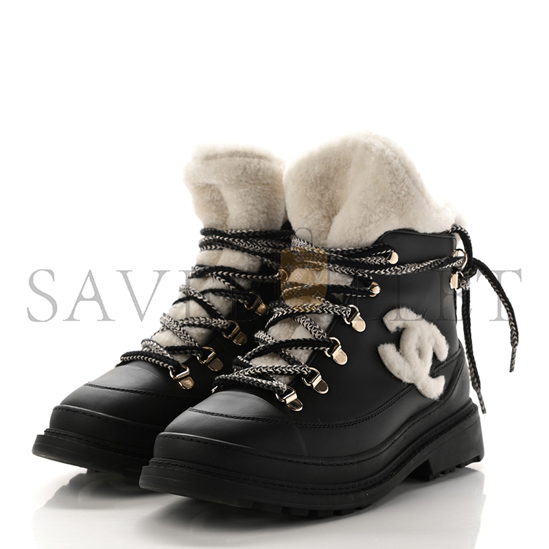 CHANEL CALFSKIN SHEARLING CC LACE UP BOOTS ‎G35376